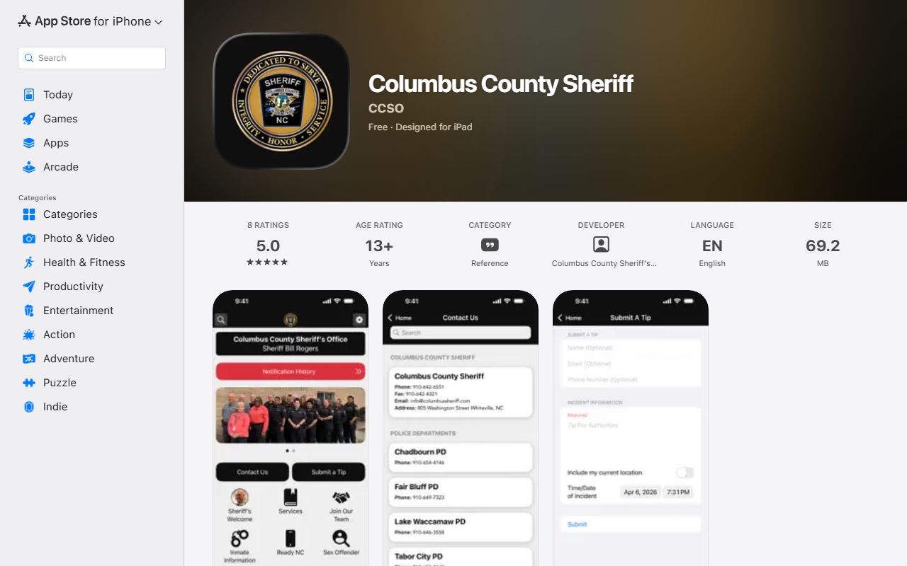 Columbus County jail mugshots sheriff app inmate search listing