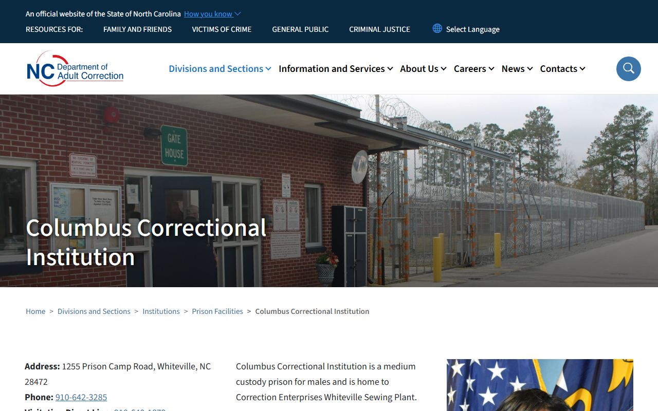 Columbus Correctional Institution inmate lookup facility listing from NCDAC