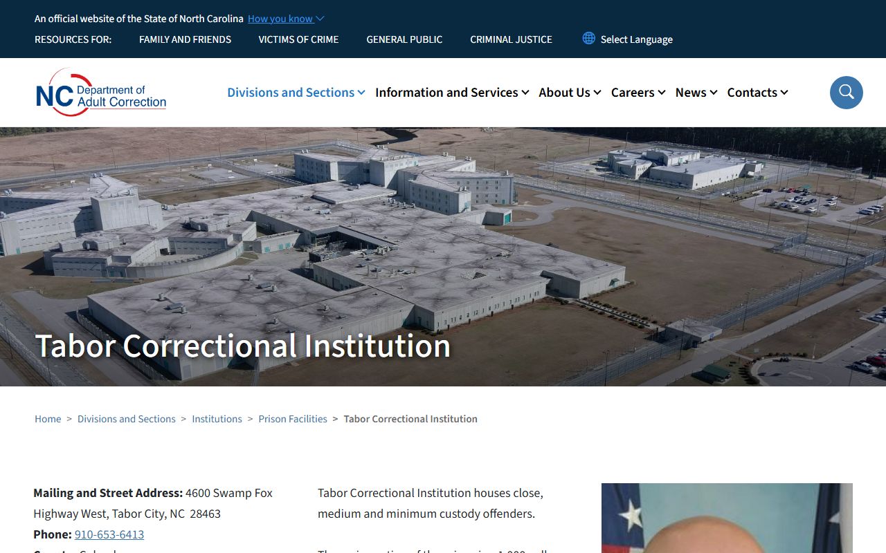Tabor Correctional Institution inmate custody search facility listing from NCDAC
