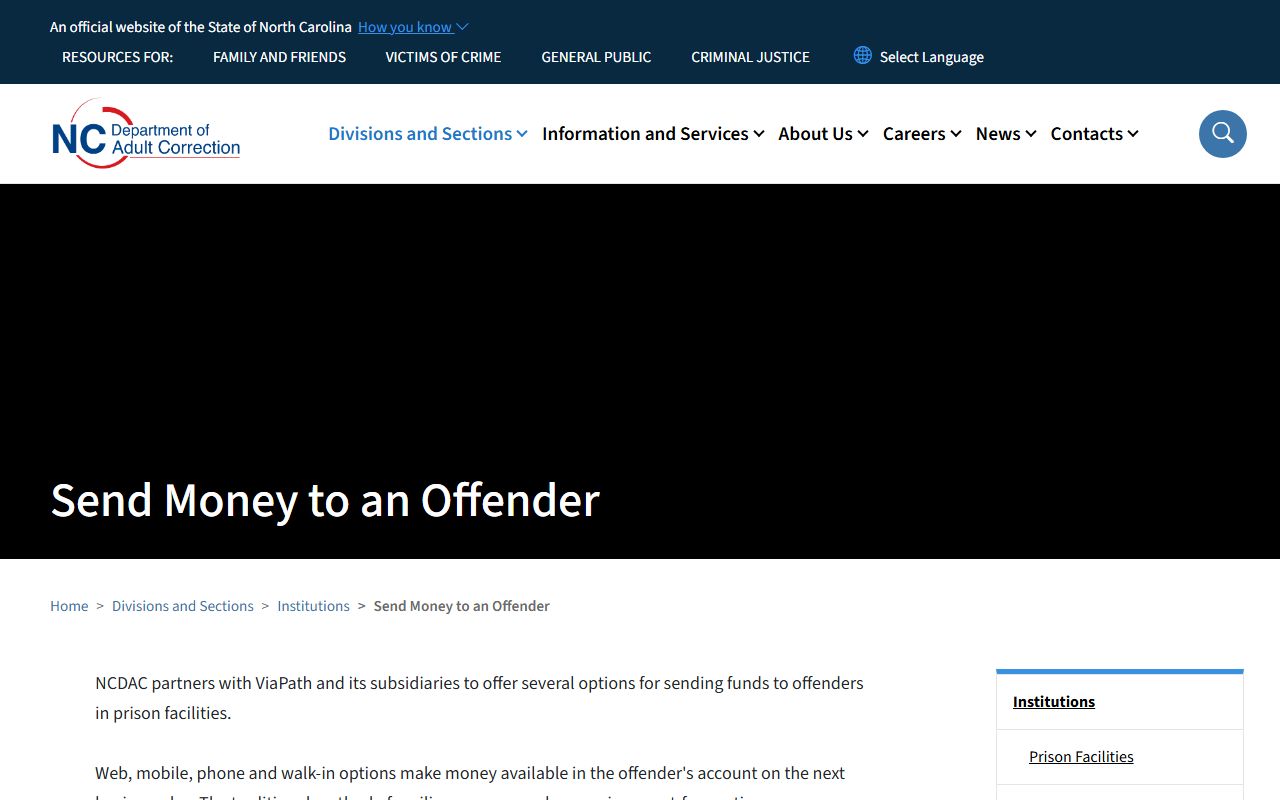 NCDAC send-money options for Tabor Correctional Institution offenders